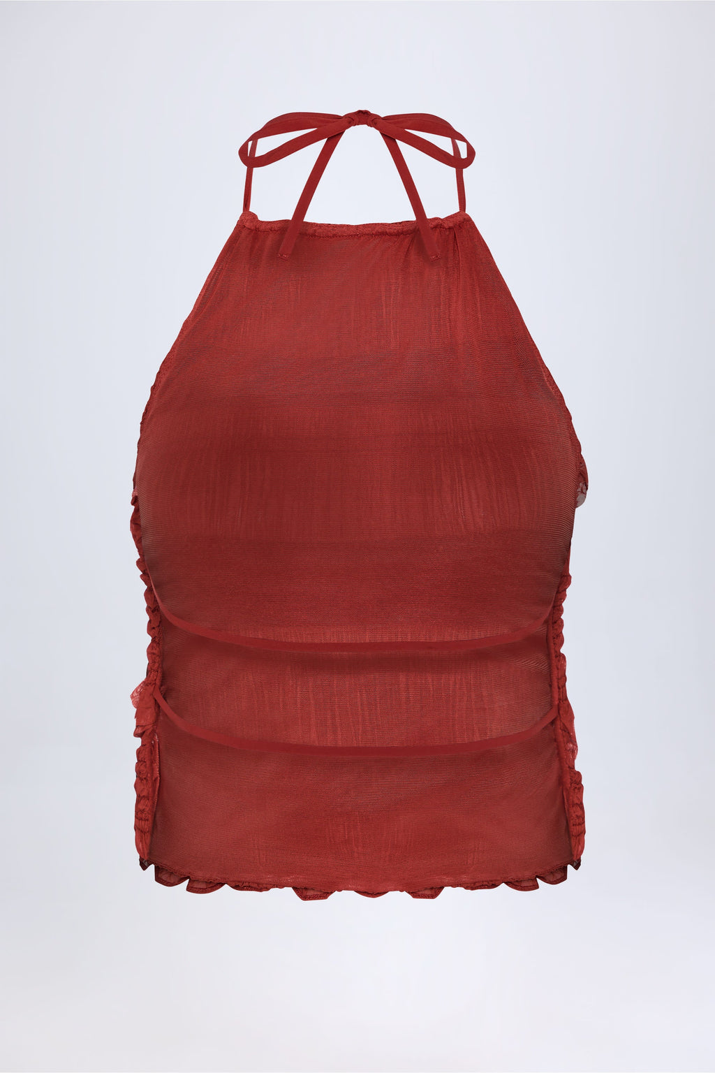 Chic Ruffled High-Neck Backless Top in Burnt Red