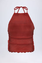 Chic Ruffled High-Neck Backless Top in Burnt Red