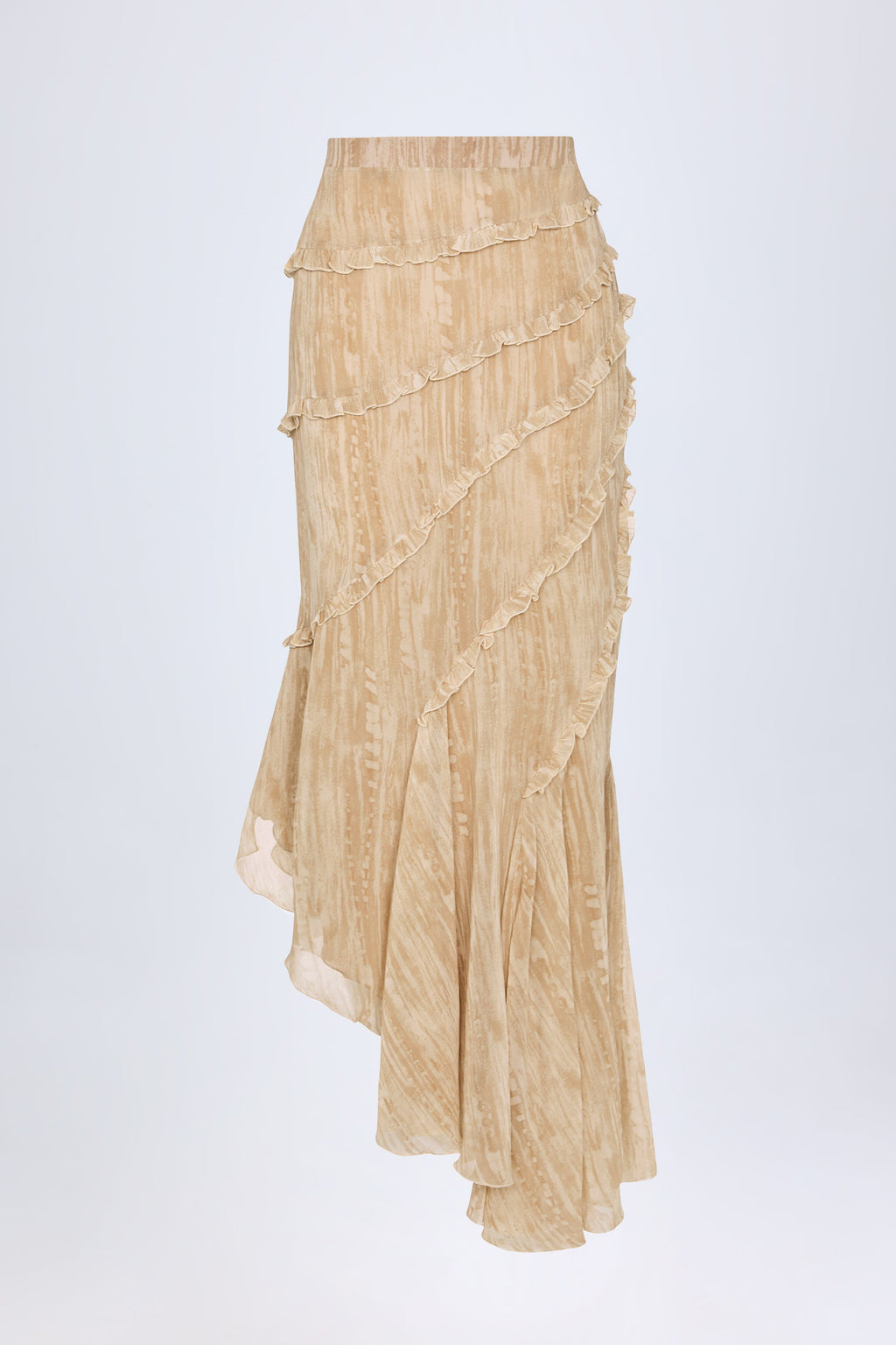 Chic Ruffled Asymmetric Mid-Rise Maxi Skirt in Tan Print