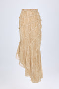 Chic Ruffled Asymmetric Mid-Rise Maxi Skirt in Tan Print