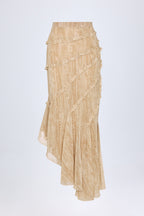 Chic Ruffled Asymmetric Mid-Rise Maxi Skirt in Tan Print