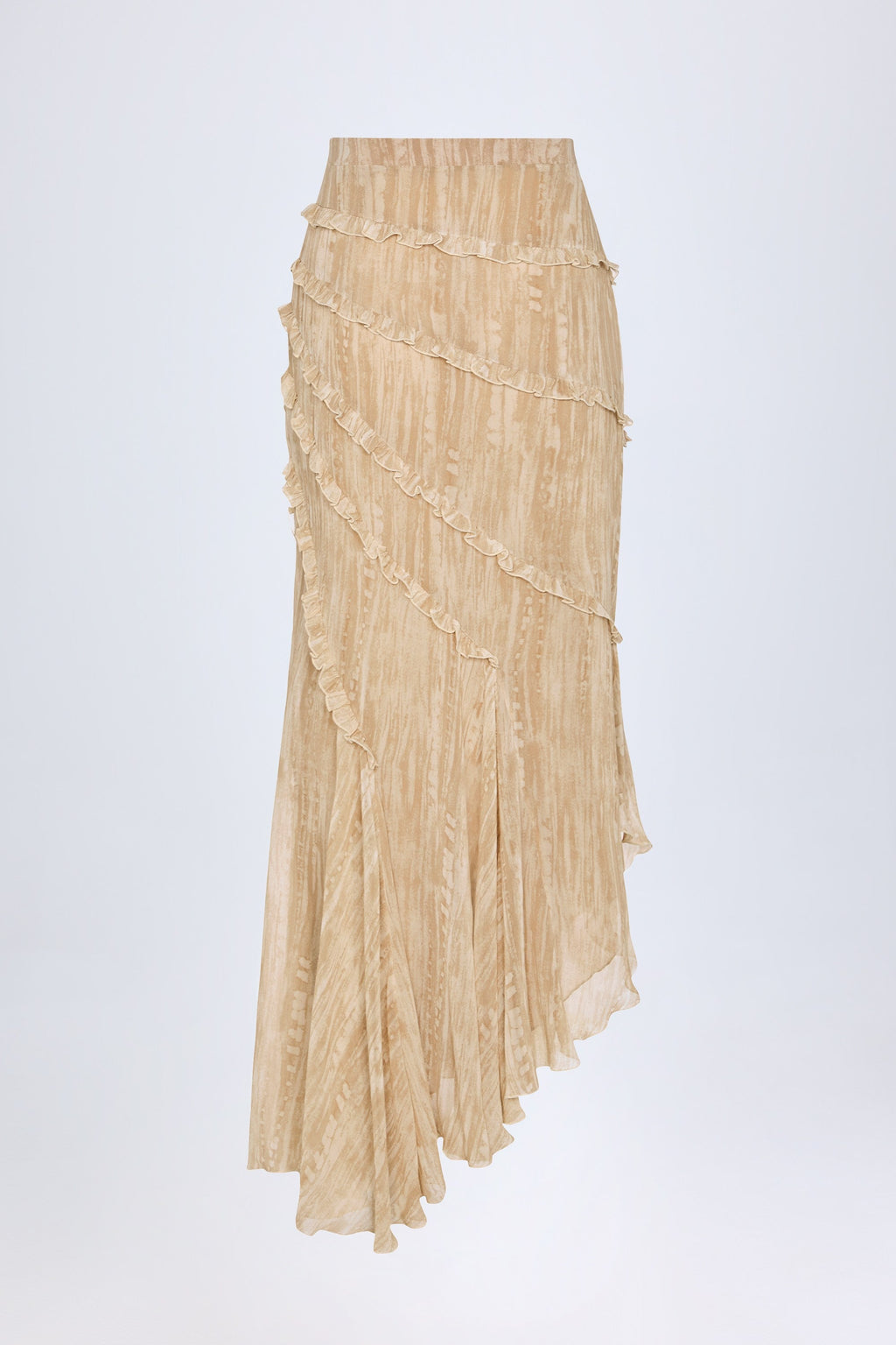 Chic Ruffled Asymmetric Mid-Rise Maxi Skirt in Tan Print