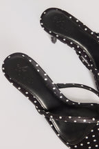 Chic Satin Heeled Thong Sandal in Black Polka Dot