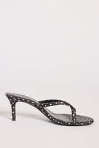 Chic Satin Heeled Thong Sandal in Black Polka Dot