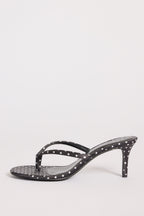 Chic Satin Heeled Thong Sandal in Black Polka Dot