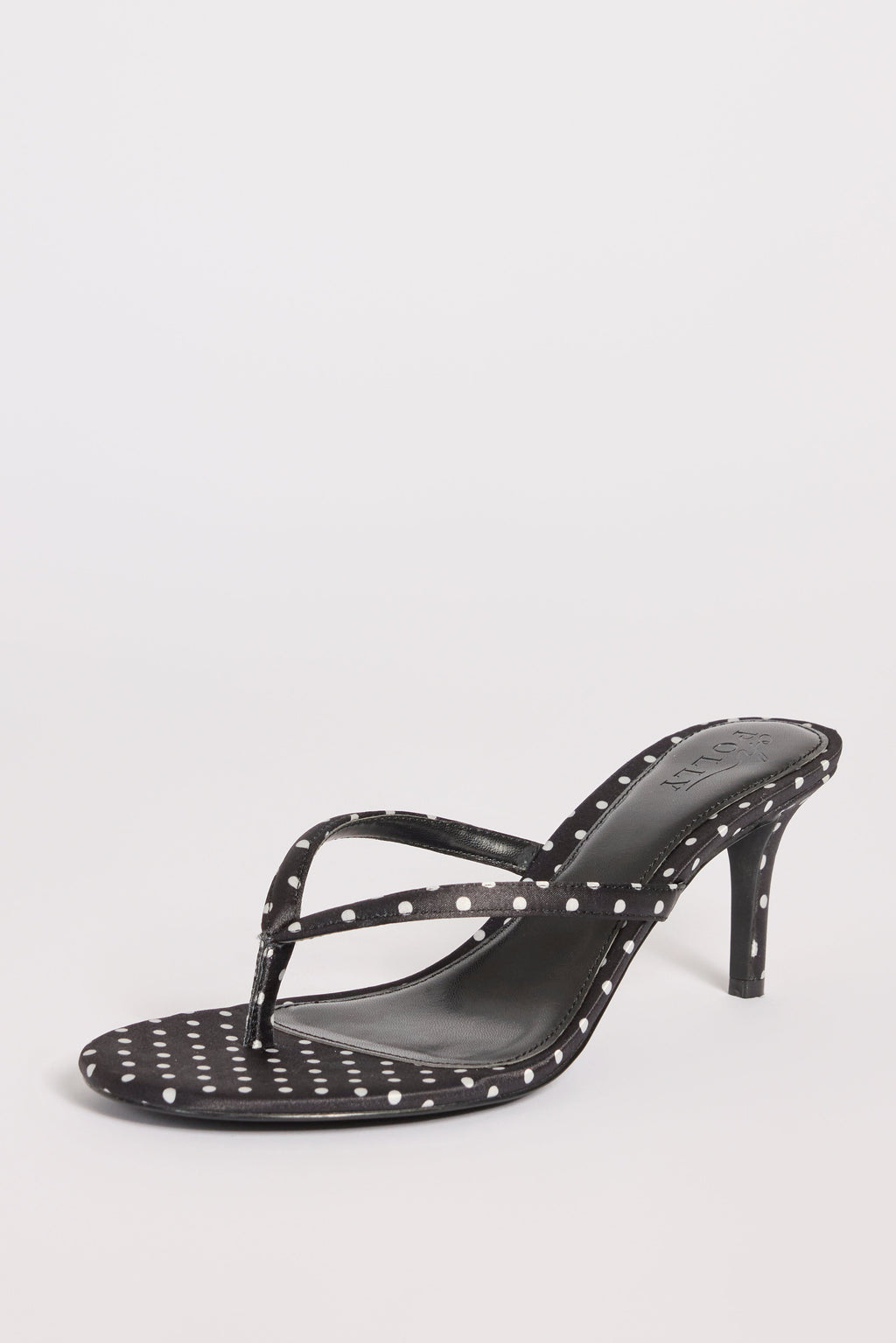 Chic Satin Heeled Thong Sandal in Black Polka Dot