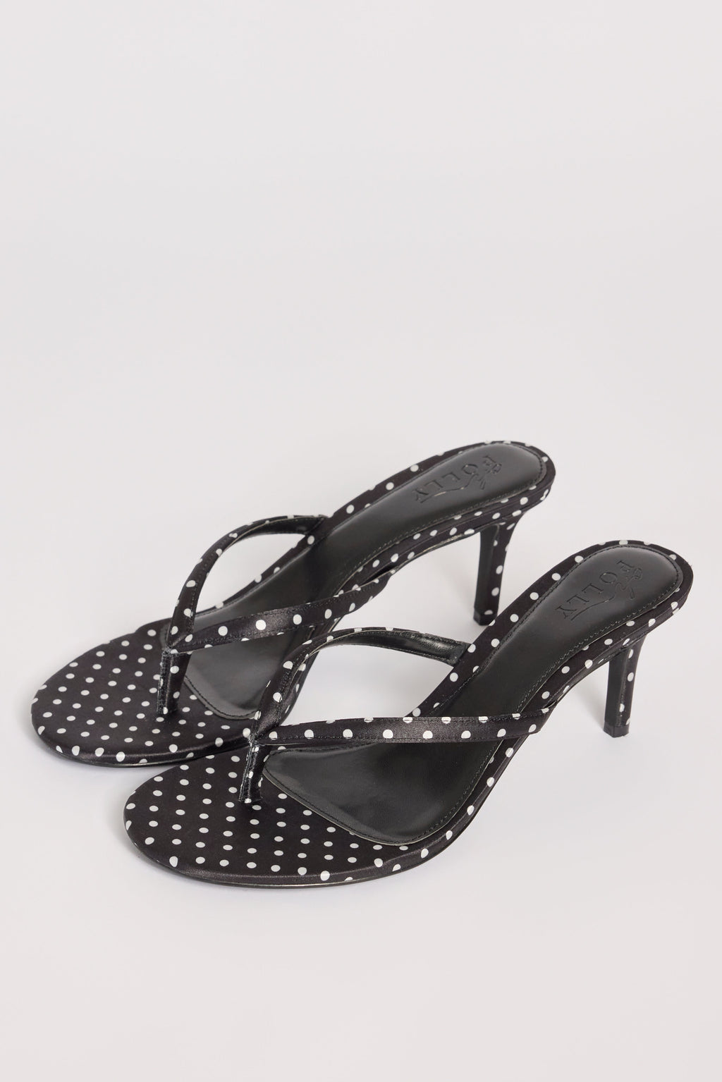 Chic Satin Heeled Thong Sandal in Black Polka Dot