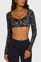 Chic Lace Long-Sleeve Crop Top in Black