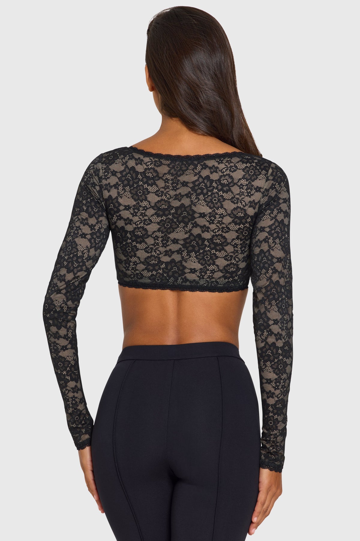 Chic Lace Long-Sleeve Crop Top in Black