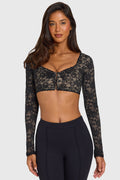 Chic Lace Long-Sleeve Crop Top in Black