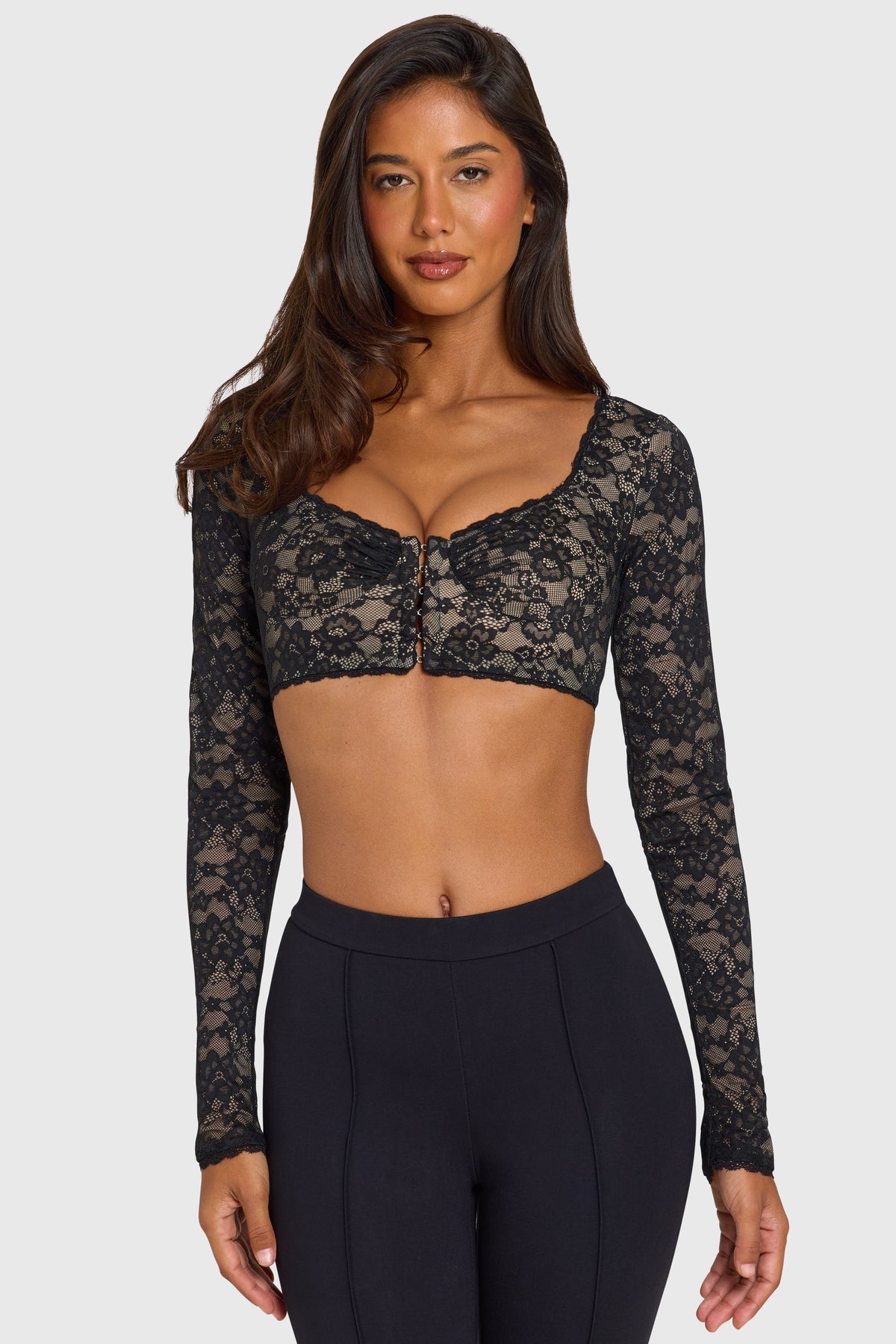 Chic Lace Long-Sleeve Crop Top in Black