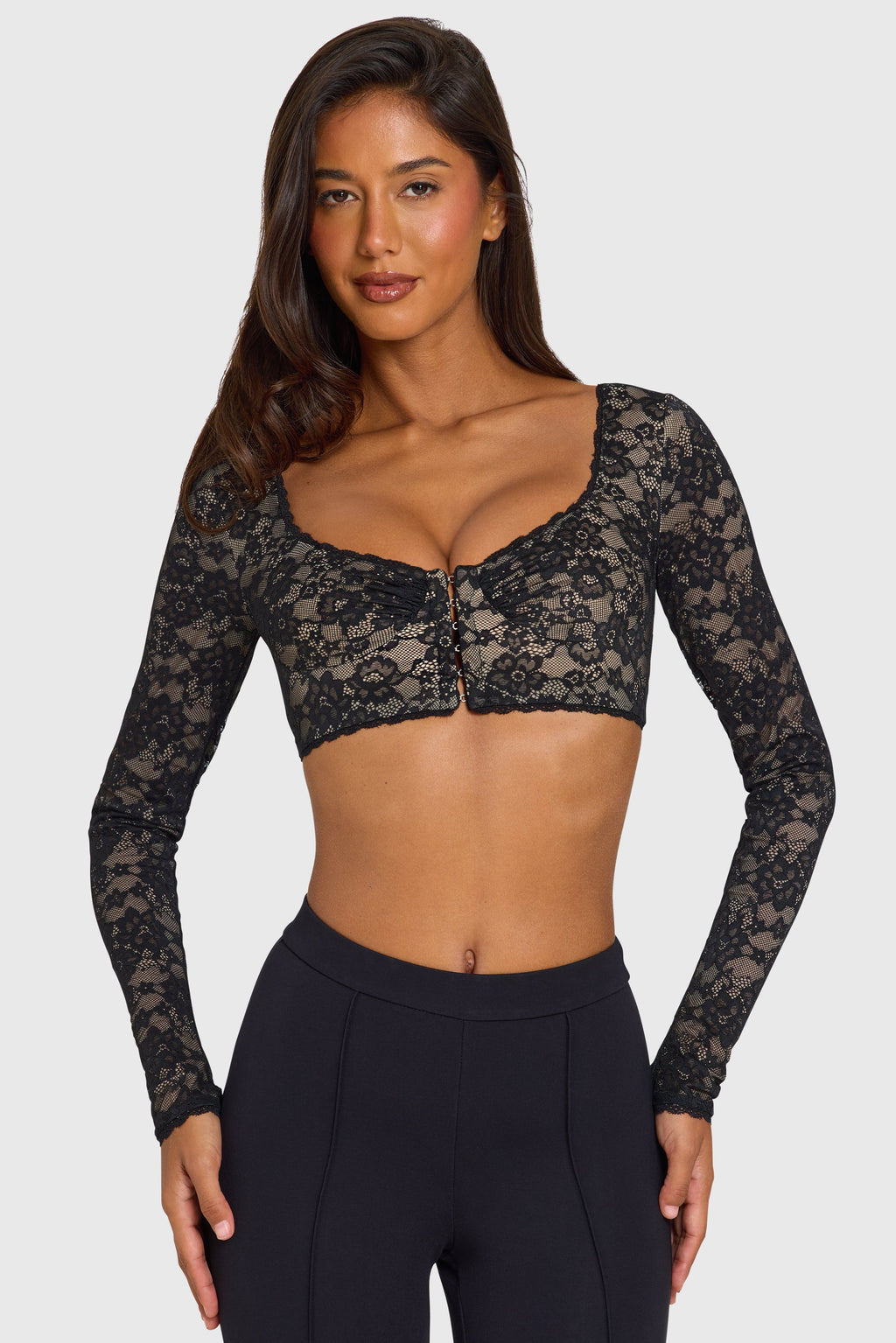 Chic Lace Long-Sleeve Crop Top in Black