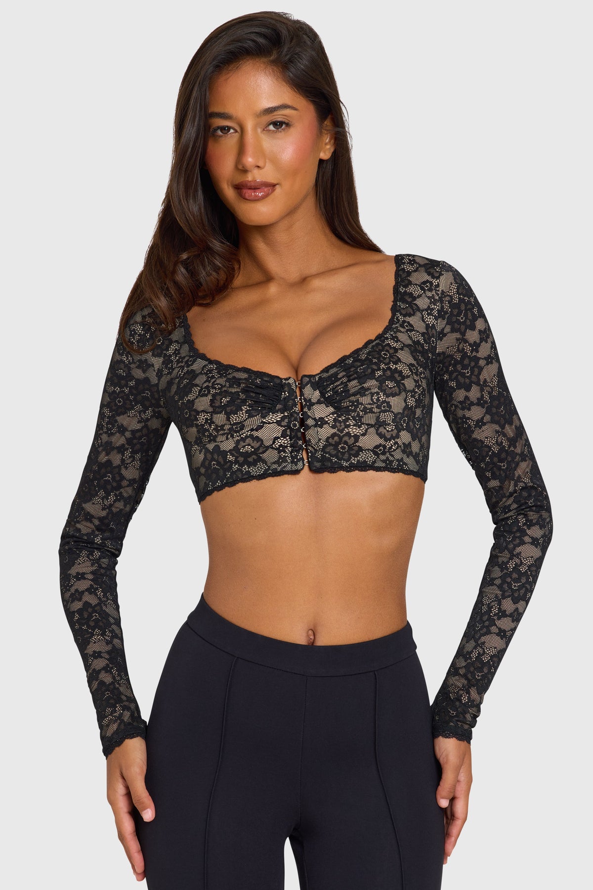 Chic Lace Long-Sleeve Crop Top in Black