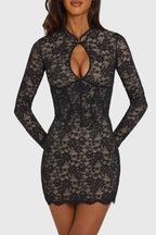 Chic Lace Cut-Out Long-Sleeve Mini Dress in Black