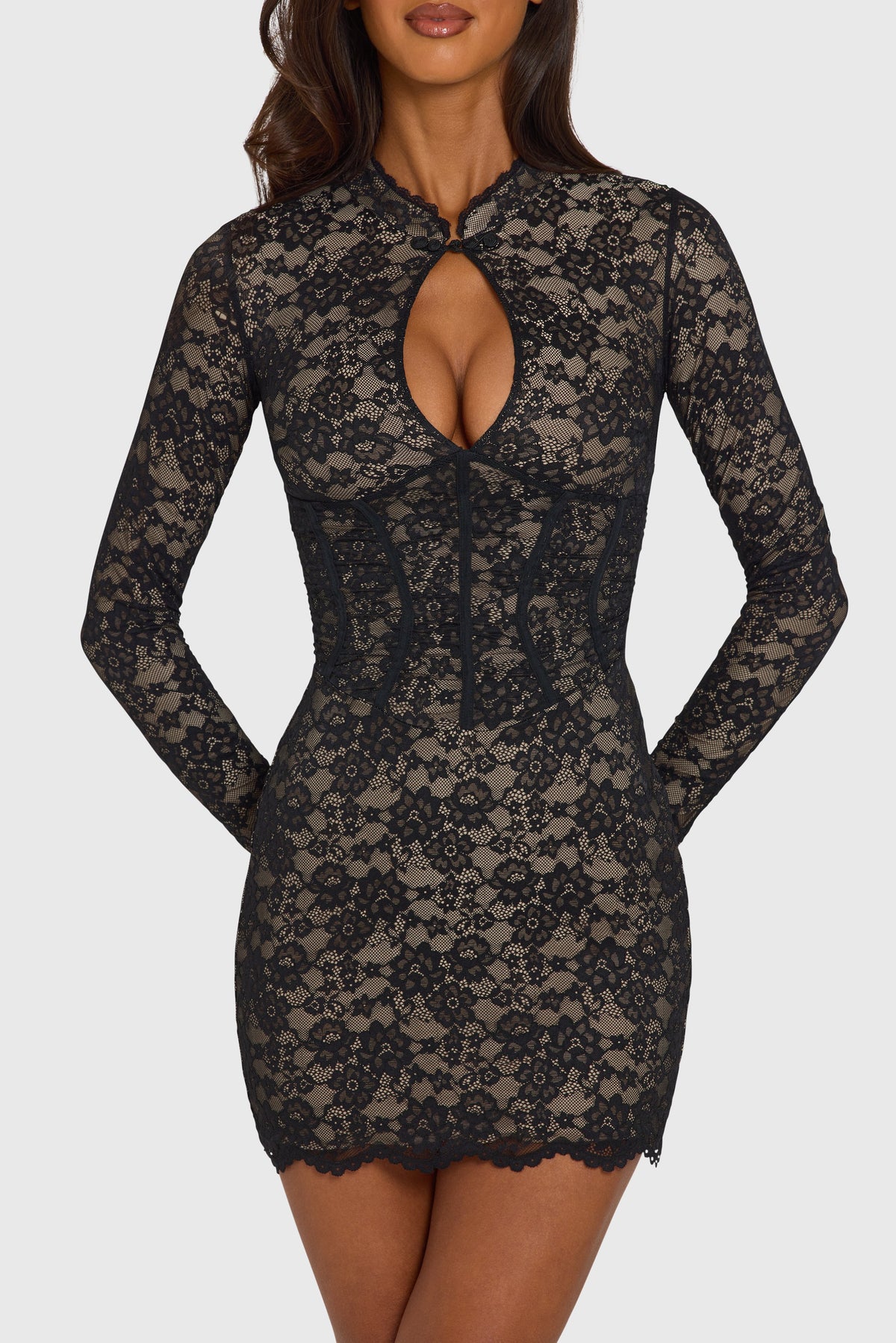 Chic Lace Cut-Out Long-Sleeve Mini Dress in Black