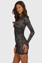 Chic Lace Cut-Out Long-Sleeve Mini Dress in Black