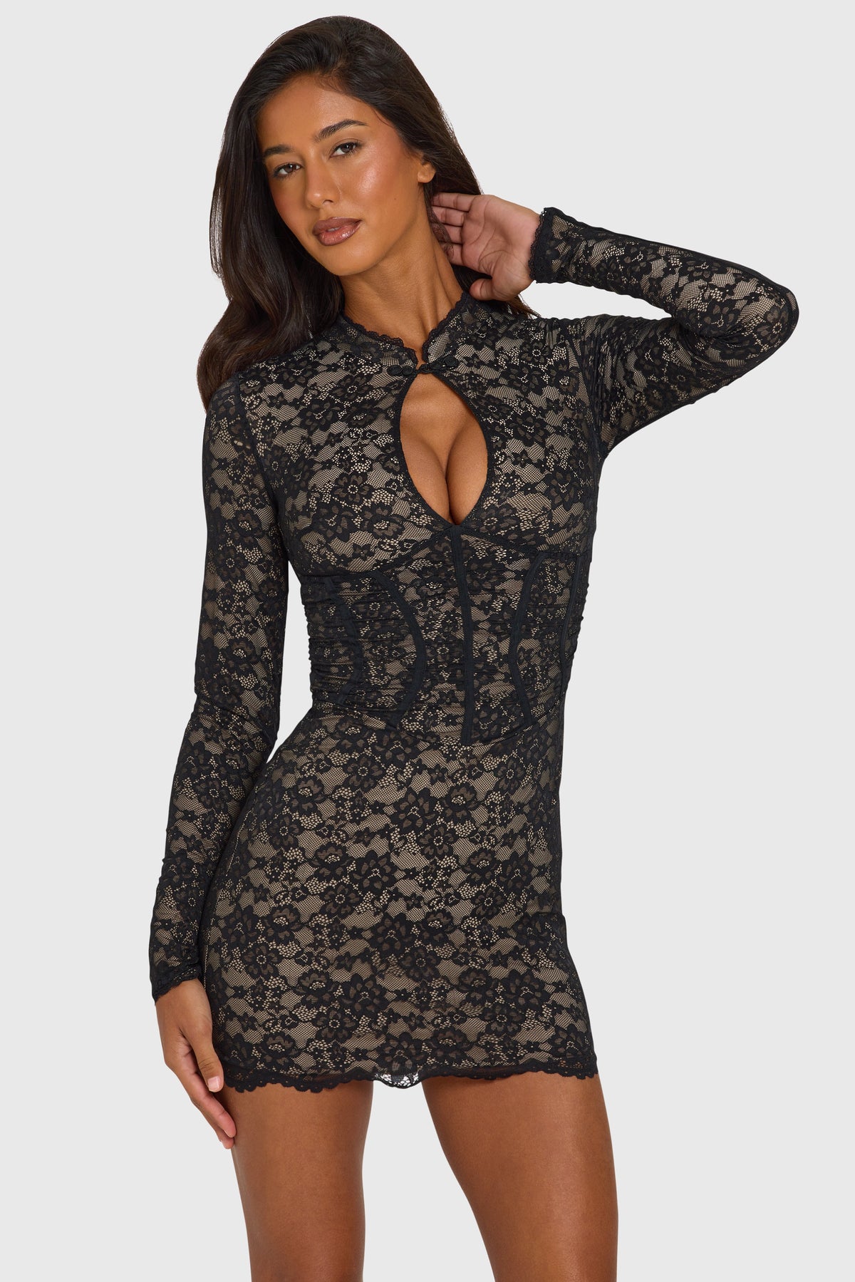 Chic Lace Cut-Out Long-Sleeve Mini Dress in Black