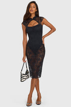 Chic Lace Cut-Out Sheer Midi Dress in Black