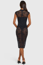 Chic Lace Cut-Out Sheer Midi Dress in Black