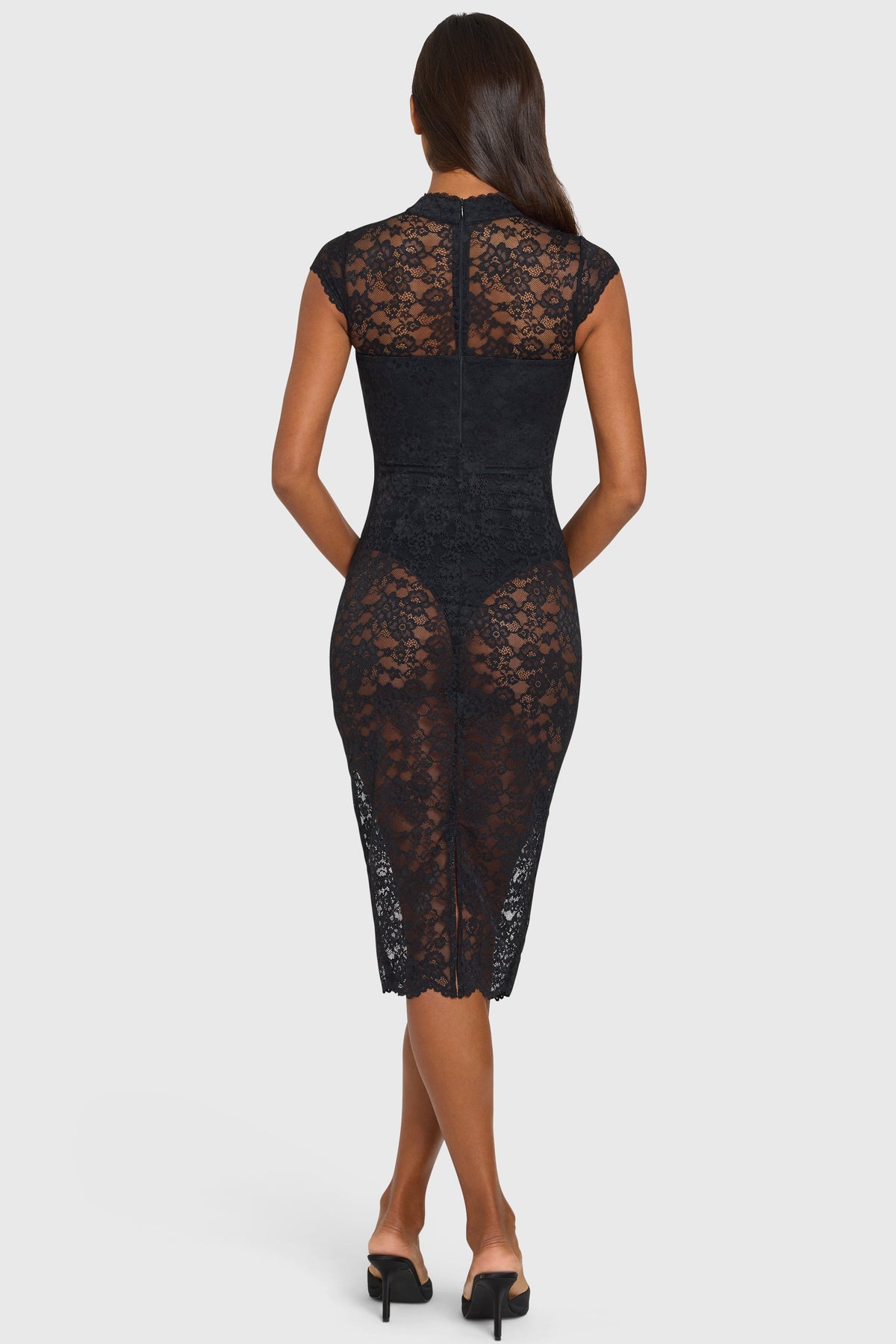 Chic Lace Cut-Out Sheer Midi Dress in Black