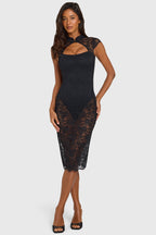 Chic Lace Cut-Out Sheer Midi Dress in Black