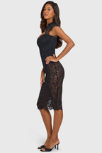 Chic Lace Cut-Out Sheer Midi Dress in Black