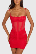 Chic Placed Lace-Trim Mini Dress in Cherry Red