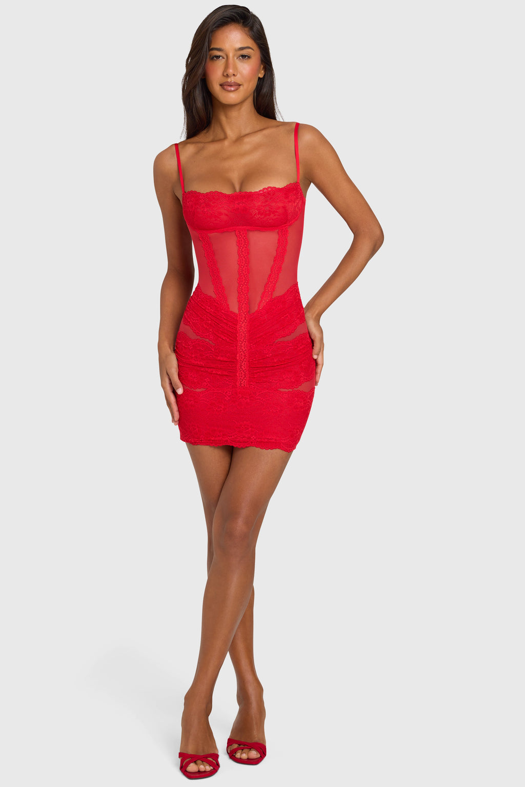 Chic Placed Lace-Trim Mini Dress in Cherry Red