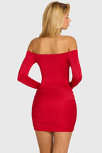 Chic Off-Shoulder Long-Sleeve Mini Dress in Cherry Red