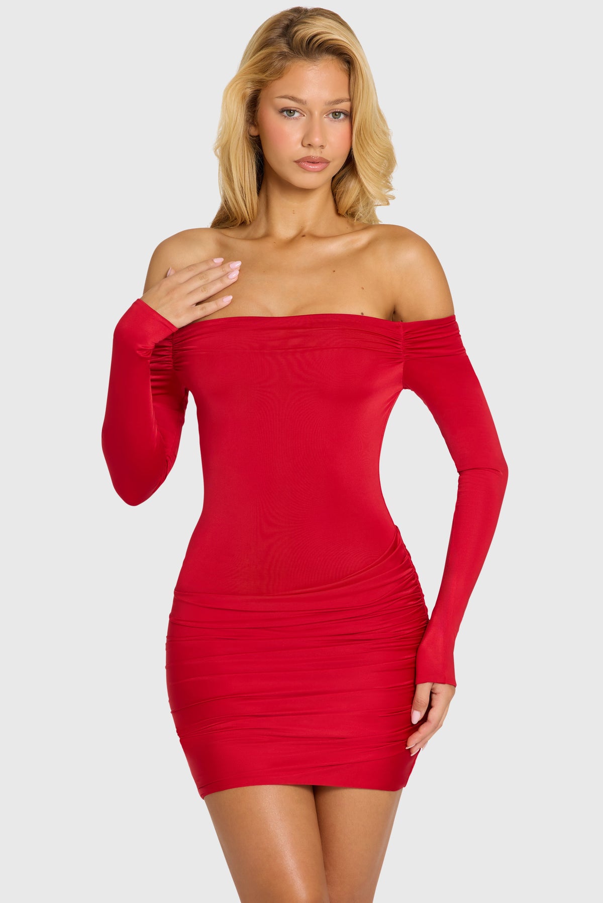 Chic Off-Shoulder Long-Sleeve Mini Dress in Cherry Red