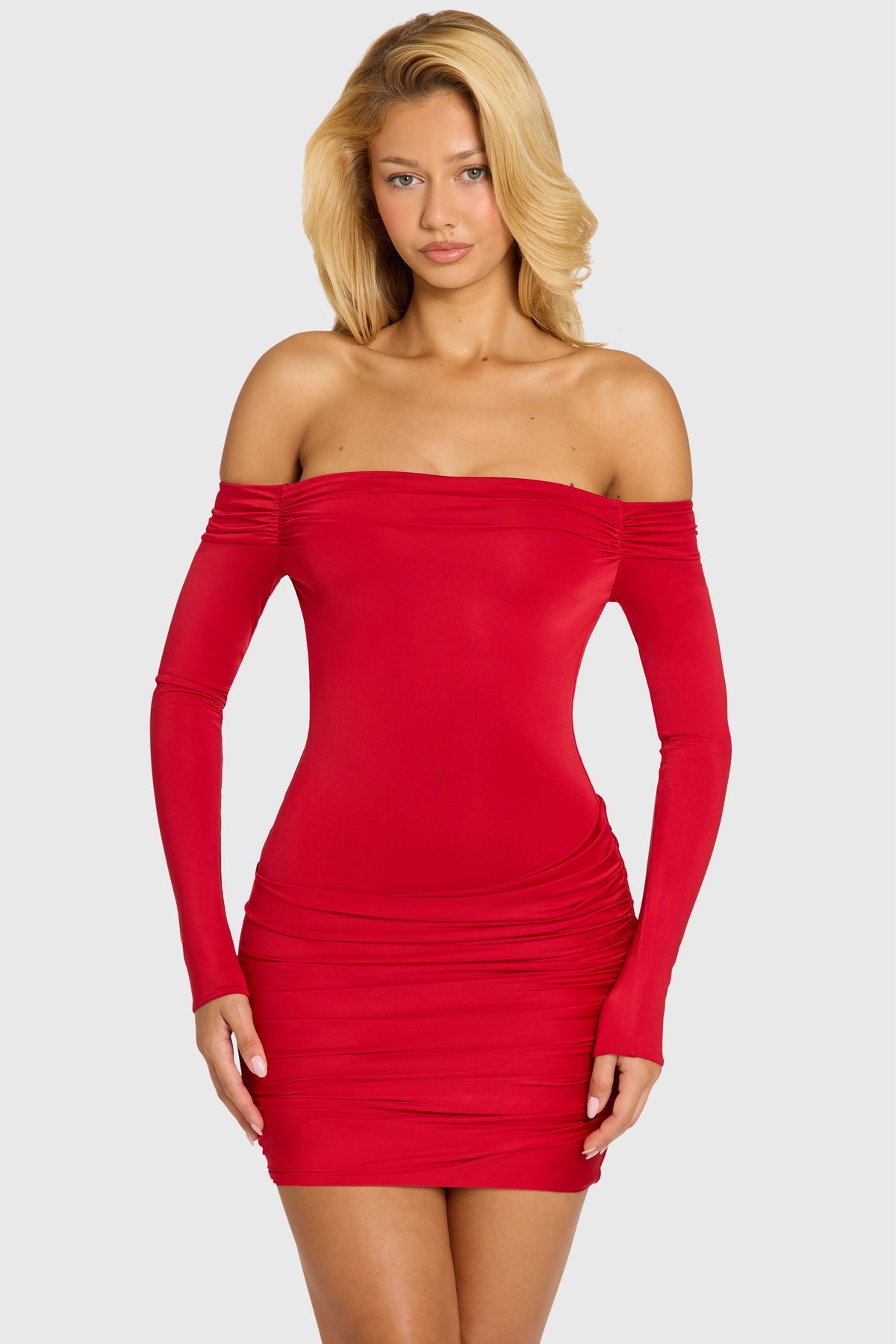 Chic Off-Shoulder Long-Sleeve Mini Dress in Cherry Red