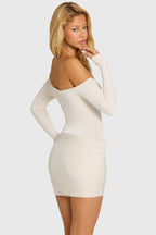 Chic Off-Shoulder Long-Sleeve Mini Dress in Snow