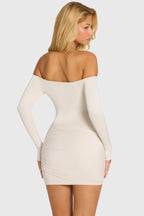 Chic Off-Shoulder Long-Sleeve Mini Dress in Snow