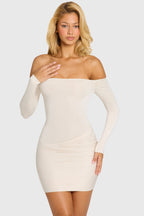 Chic Off-Shoulder Long-Sleeve Mini Dress in Snow