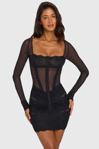 Chic Placed Lace-Trim Long-Sleeve Mini Dress in Black