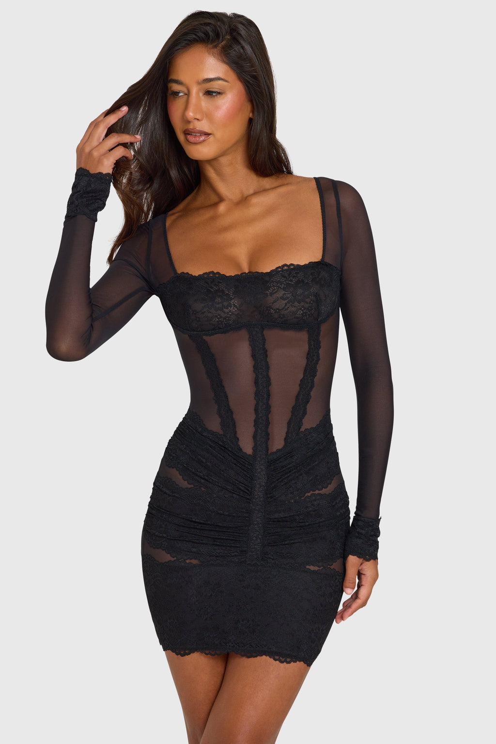 Chic Placed Lace-Trim Long-Sleeve Mini Dress in Black