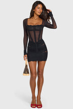 Chic Placed Lace-Trim Long-Sleeve Mini Dress in Black
