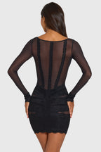 Chic Placed Lace-Trim Long-Sleeve Mini Dress in Black