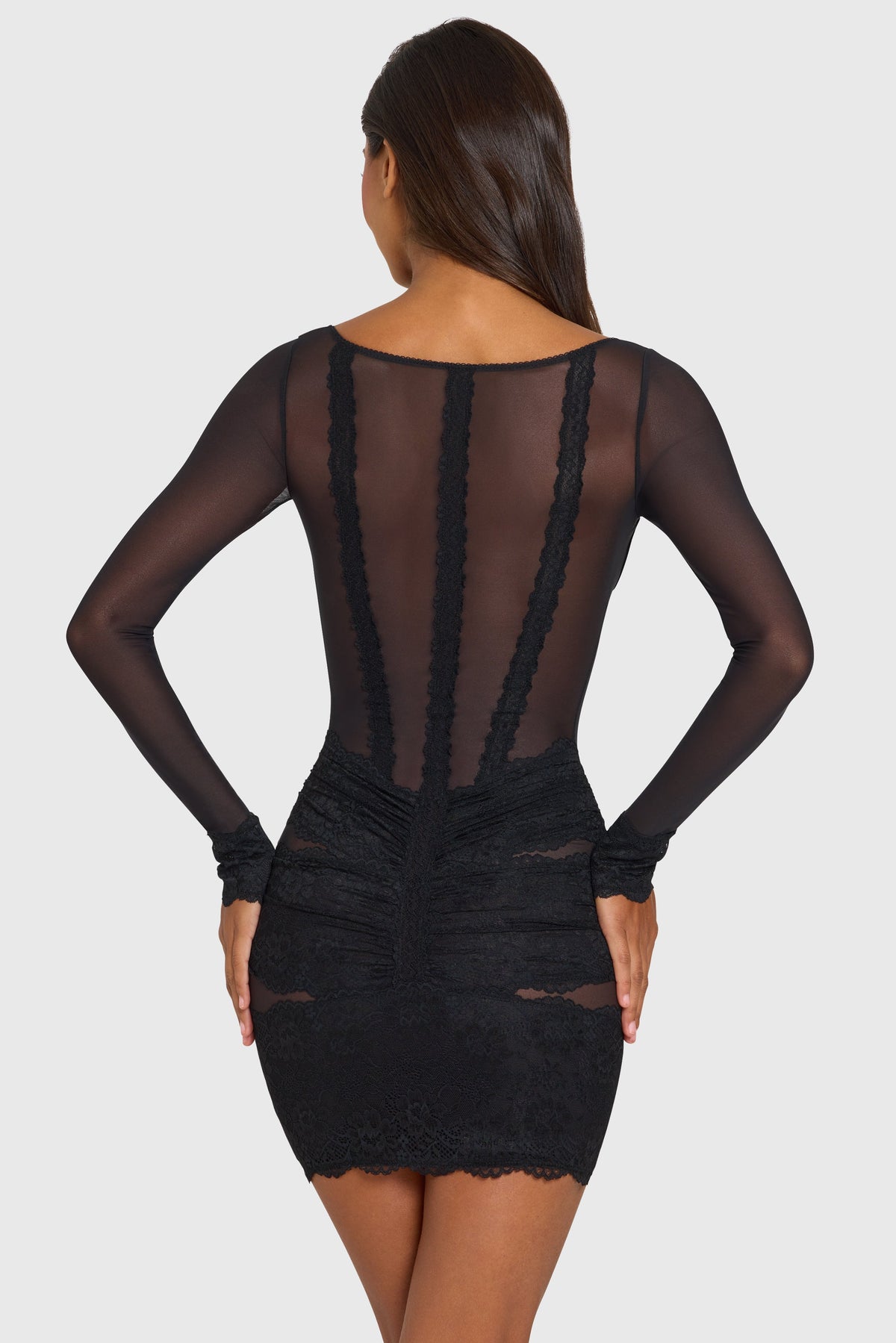 Chic Placed Lace-Trim Long-Sleeve Mini Dress in Black