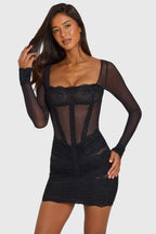 Chic Placed Lace-Trim Long-Sleeve Mini Dress in Black