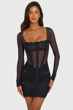 Chic Placed Lace-Trim Long-Sleeve Mini Dress in Black