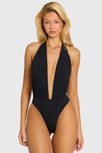 Chic Plunge Halterneck Bodysuit in Black