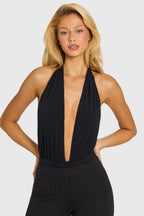 Chic Plunge Halterneck Bodysuit in Black
