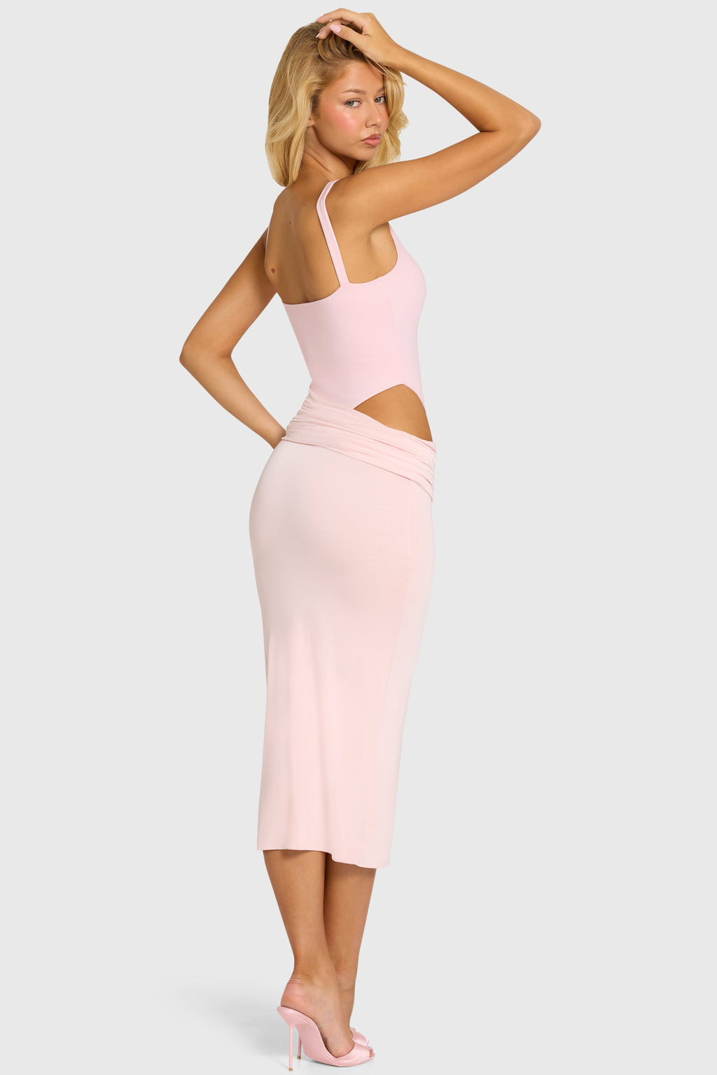 Chic Bodice Draped Midi Dress in Baby Pink