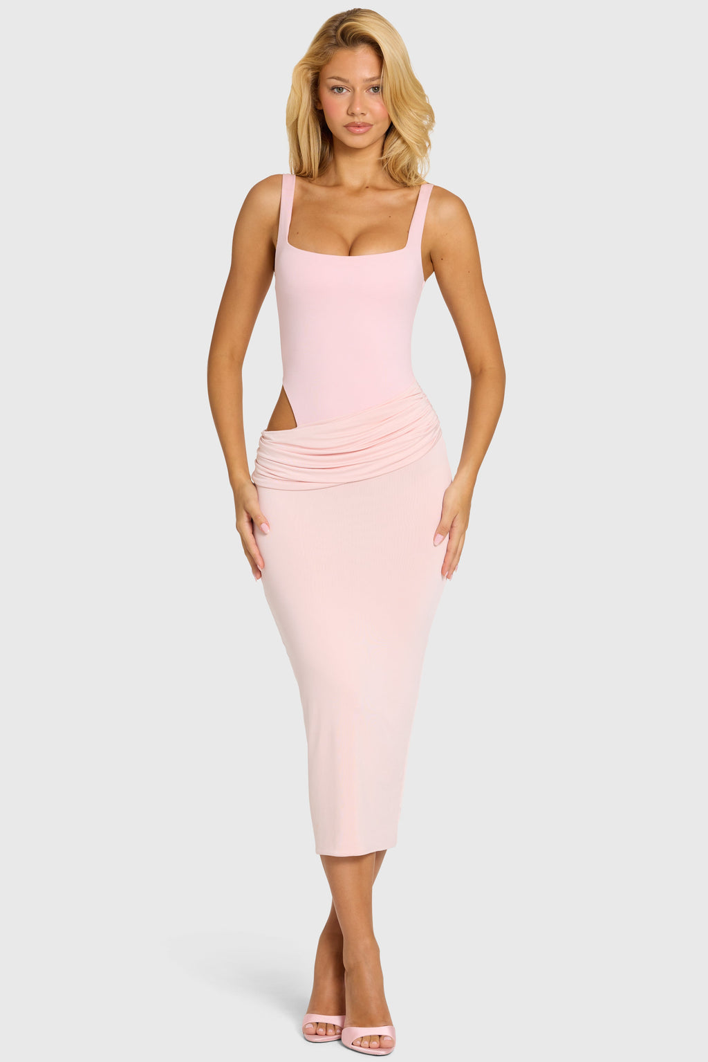 Chic Bodice Draped Midi Dress in Baby Pink