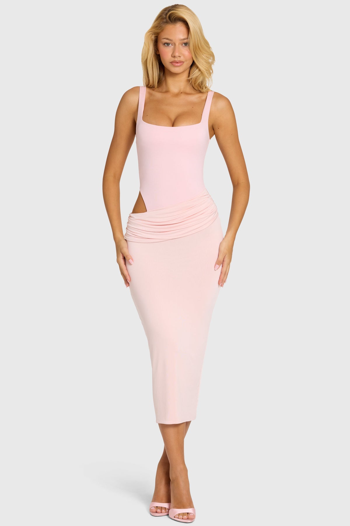 Chic Bodice Draped Midi Dress in Baby Pink