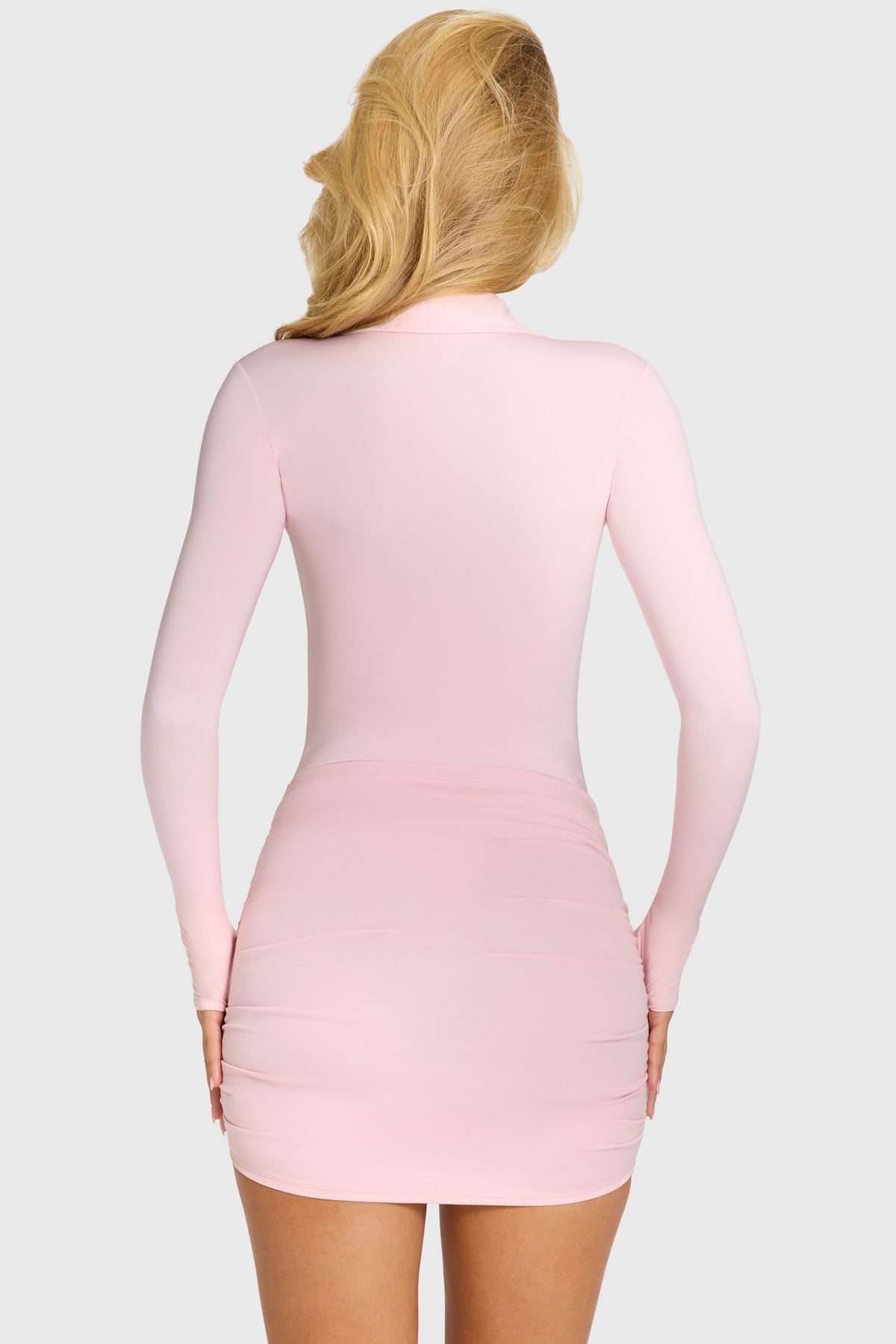 Chic Button Front Long-Sleeve Mini Dress in Baby Pink