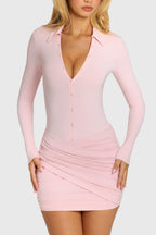 Chic Button Front Long-Sleeve Mini Dress in Baby Pink
