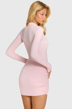 Chic Button Front Long-Sleeve Mini Dress in Baby Pink