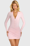 Chic Button Front Long-Sleeve Mini Dress in Baby Pink